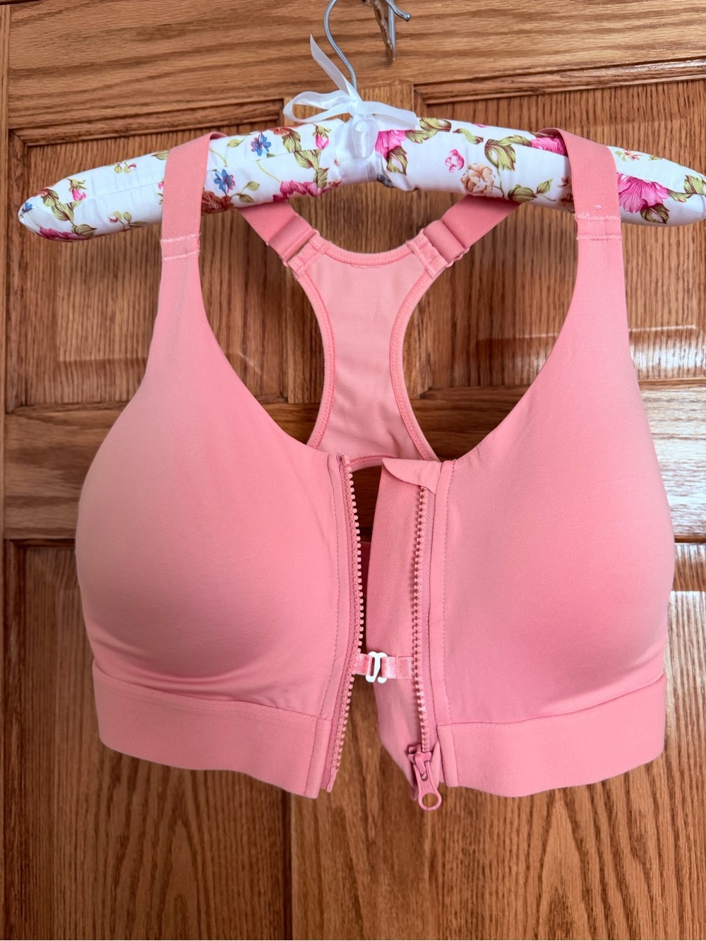 Front-Zip Racerback Sports Bra in Coral Pink